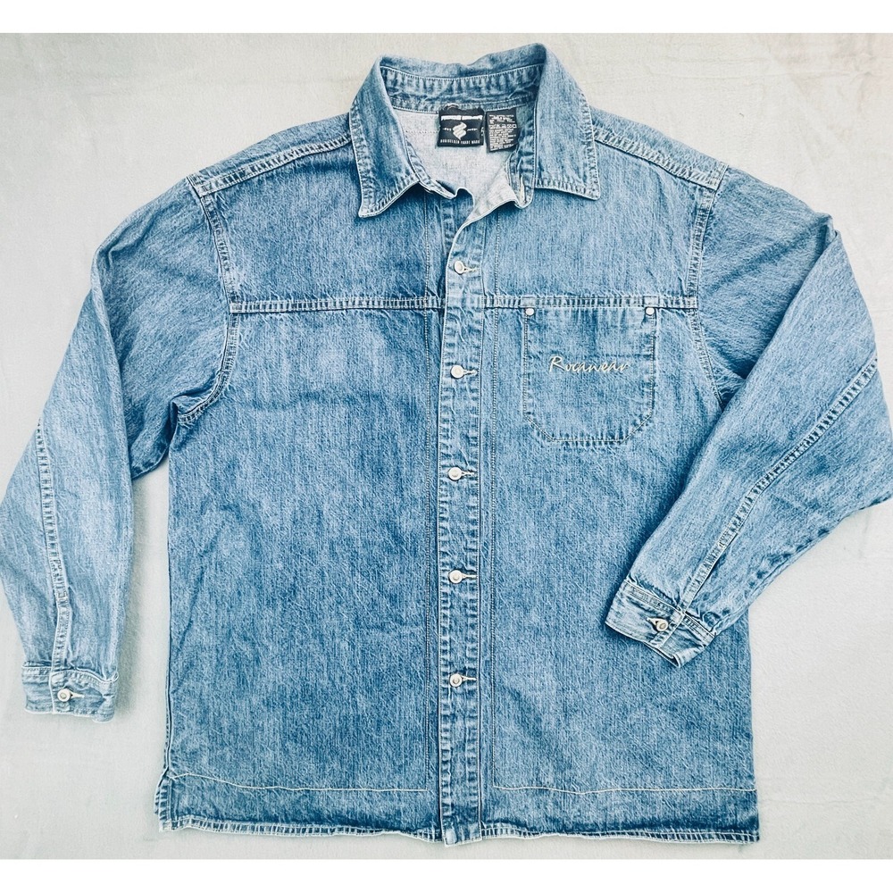 Vtg Rocawear Denim Jean Shirt Mens Sz XL Blue Relaxed Fit Square Tail Shaket Y2K